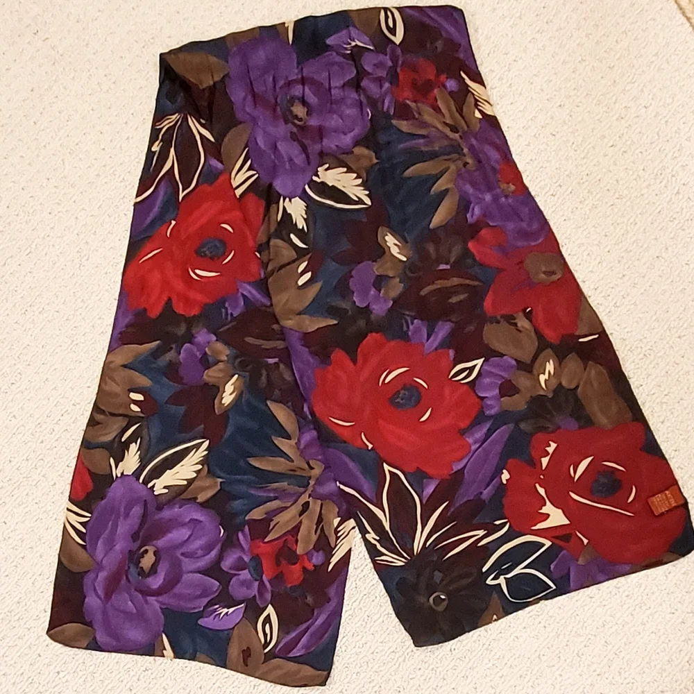 Vintage Axcess 100% Silk Long Floral Scarf, Deep Colors Purple/Teal/Red, EUC